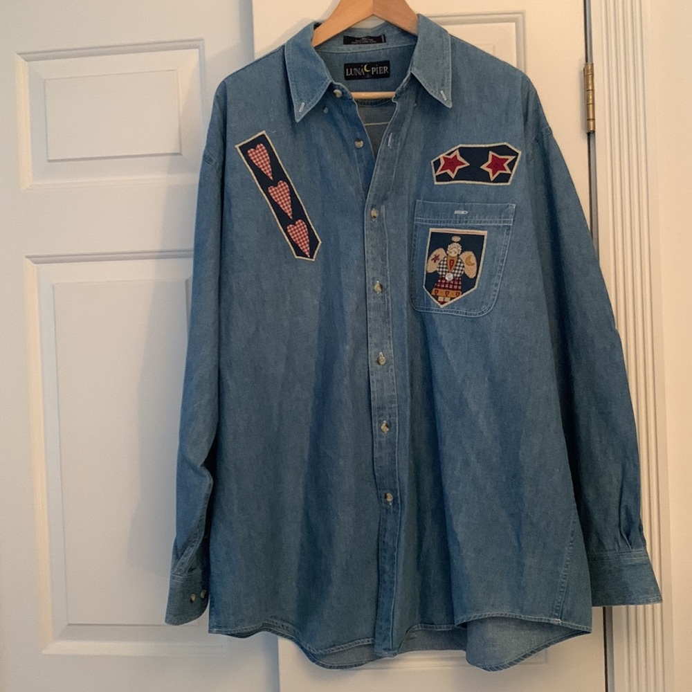 VTG Luna Pier XL denim button down shirt top angels hearts 90s
